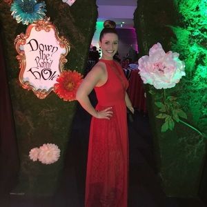 Express Formal Red Maxi Dress with Lace Panels